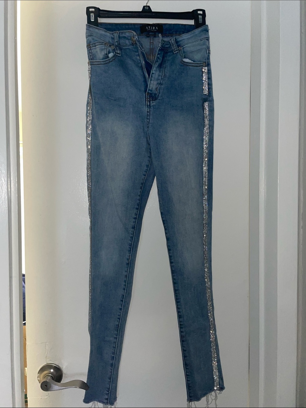 AKIRA Light Blue Skinny Jeans with Silver Sequin Side Stripe